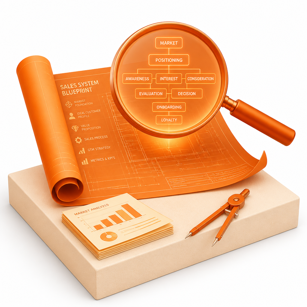 Leistung 01 – Analyse & Strategie: Isometrische Blaupause mit Lupe, Marktanalyse-Charts und Zielscheibe in der Wewer-Orange-Palette
