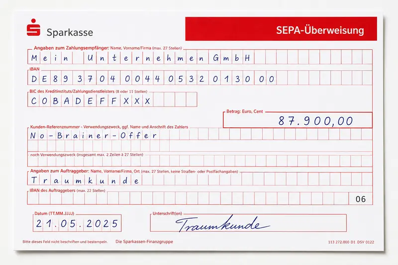 Sparkassen SEPA-Überweisungsträger: Zahlungseingang 87.900,00 EUR überwiesen an Wewer Consulting, Verwendungszweck No-Brainer-Offer