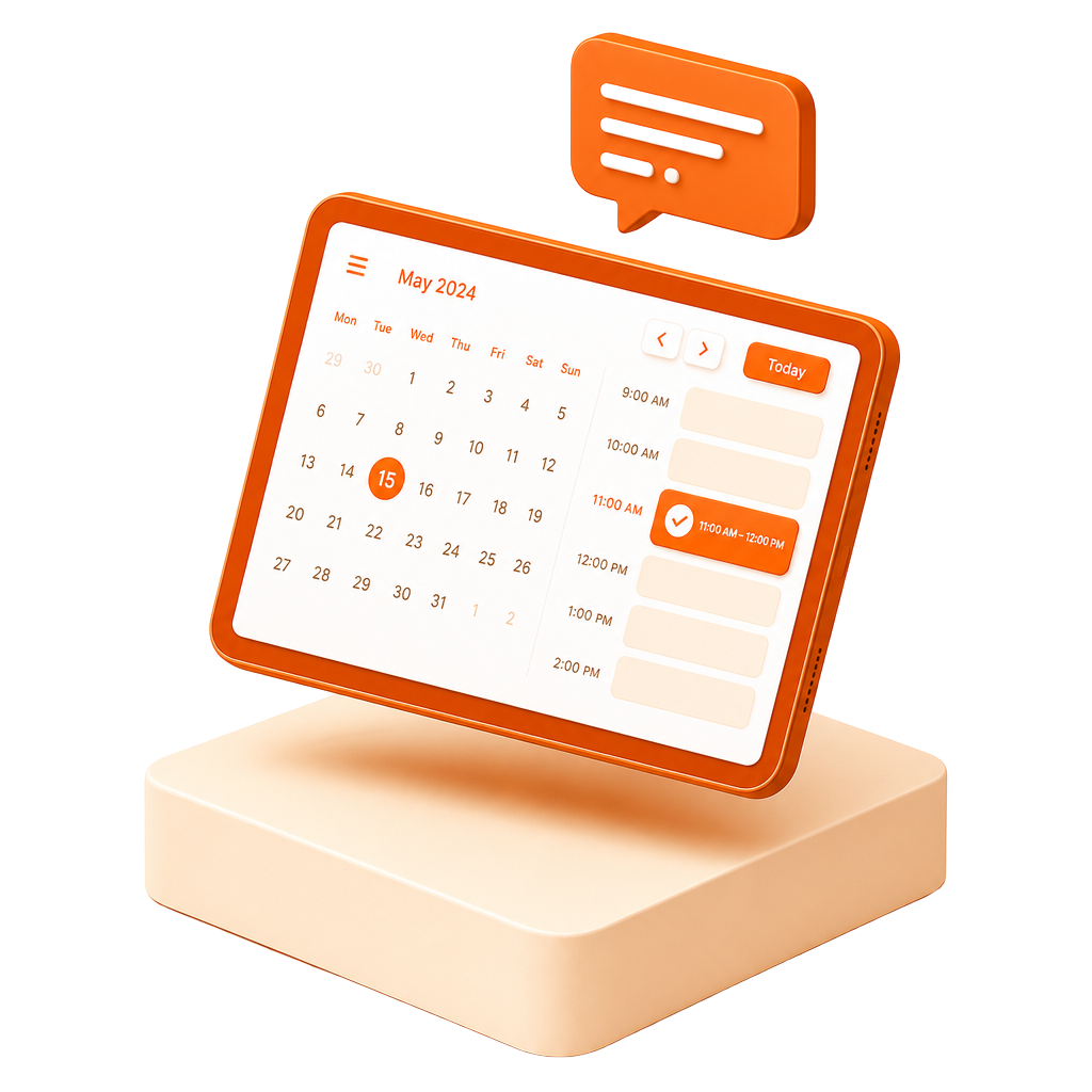 Strategieberatung buchen: Isometrische 3D-Illustration eines Tablets mit Kalender und Sprechblase